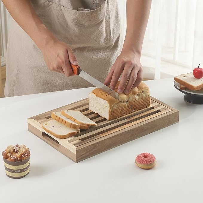 Bread Cutting Board with Crumb Catcher Tray Wooden Holder Bread Tray for Serving Bread Slicers for Homemade Bread Cutting Boards for Kitchen with Holder