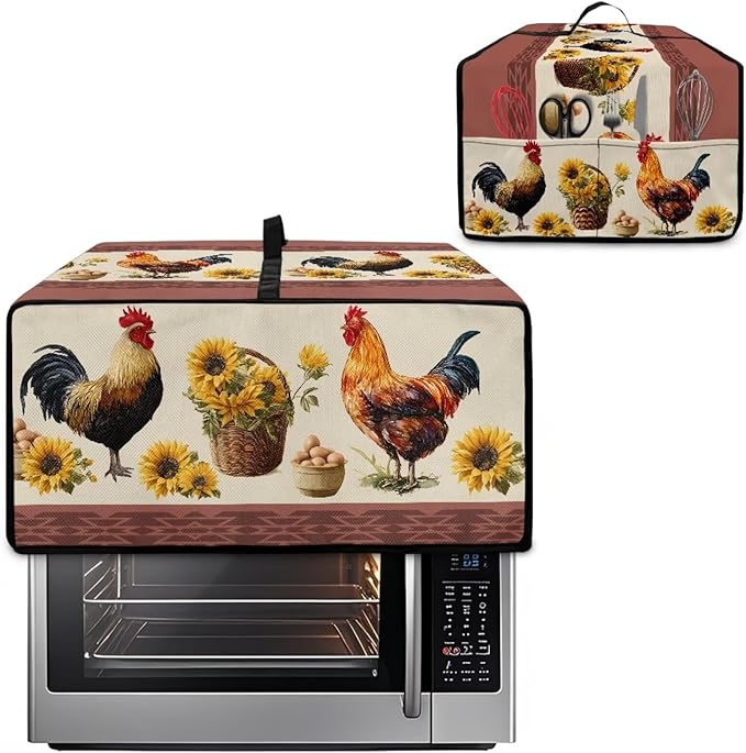 Air Fryer Toaster Oven Dust Cover Washable Convection Oven Cover Farmhouse Kitchen Appliance Protector Decorations Countertop Accessories, M, Rooster Chicken Eggs Sunflower