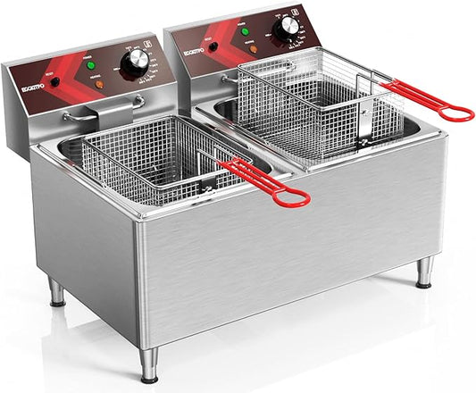 EGGKITPO Deep fryers Commercial Deep Fryer 12L x 2 Large Dual Tank Electric Countertop Fryer for Restaurant with 2 Frying Baskets and Lids, 1800W x 2, 120V