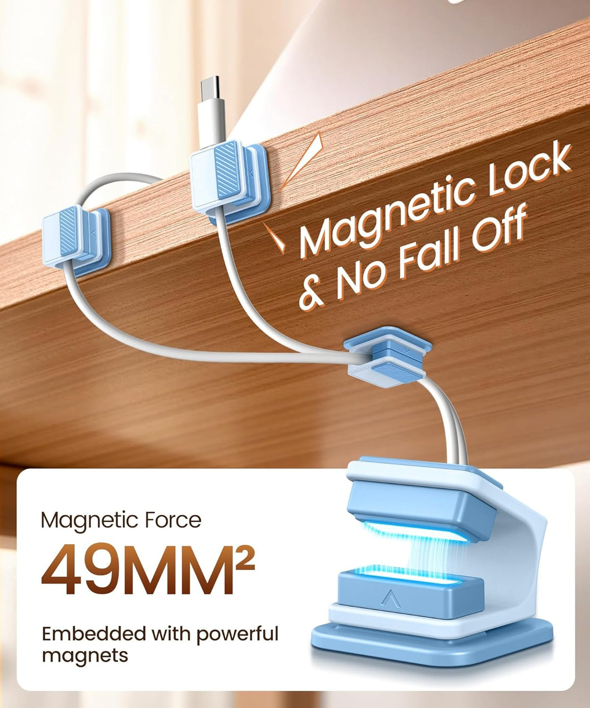 6 Pack Magnetic Cable Clips, Glow in The Dark Cable Holders, GolbinBox Cord Organizer with Shockproof Silicone, Fits up to 8mm Adhesive Cord Clips for Desk, Wall, Nightstand, Car, Home, Office, Blue