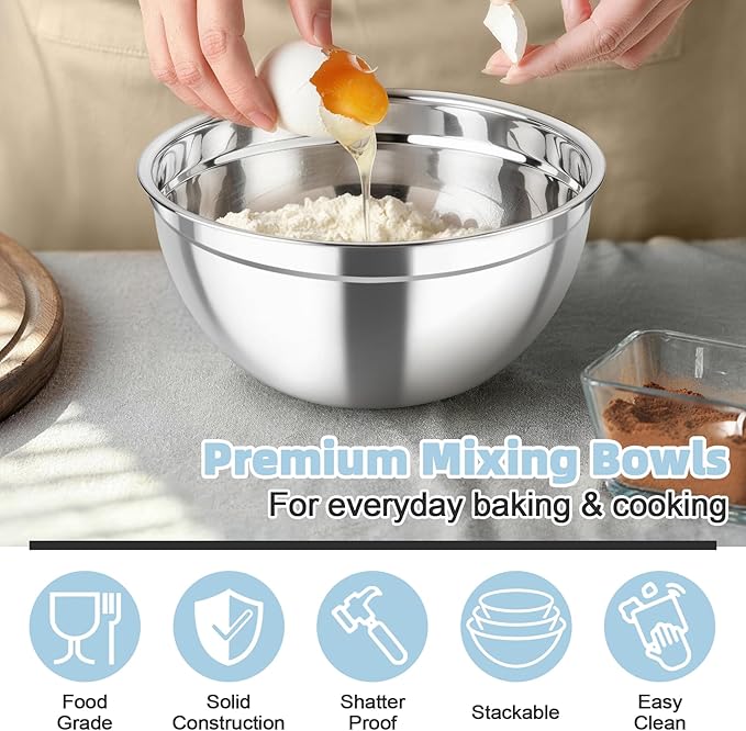 TeamFar Mixing Bowls, Stainless Steel Nesting Salad Bowls with Airtight Lids Set, For Serving/Mixing/Storing, Healthy & Long-lasting, Dishwasher Safe & Easy Clean, 4.6/3 / 1.5 QT, Black