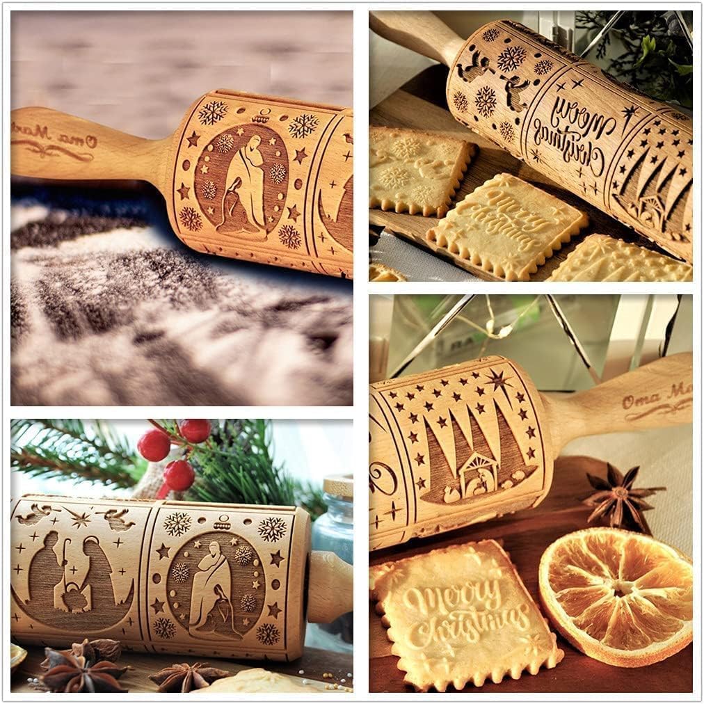 Christmas Wooden Rolling Pin for Baking,Engraved Embossing Rolling Pin Cookie Stamps Roller Square Grid Cookies Mold Kitchen Decor Tools for Kids Adults(Jesus Nine Palaces)