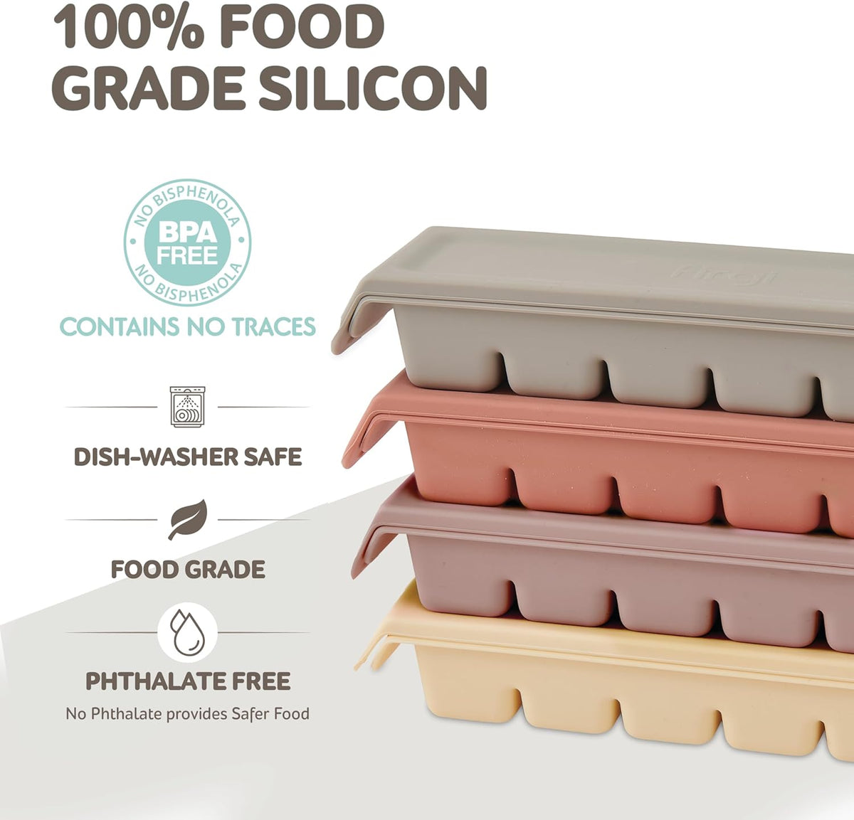 6 Section-1oz, Gray 100% Food Grade Silicone Ice Cube Tray Food Container with Airtight Locking Lid, Fruit Vegetable Purees, Breastmilk Storage for Baby & Toddler Food | BPA Free Korea Made