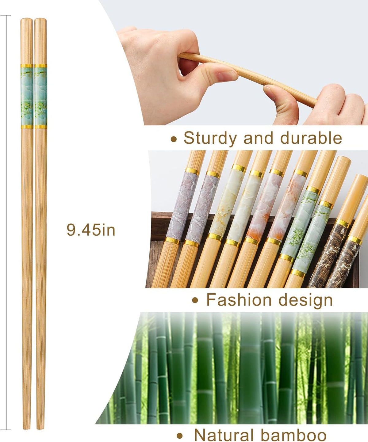 10Pairs Bamboo Chopstick Reusable Wooden Chop Sticks Washable Chinese Style 9.5Inch