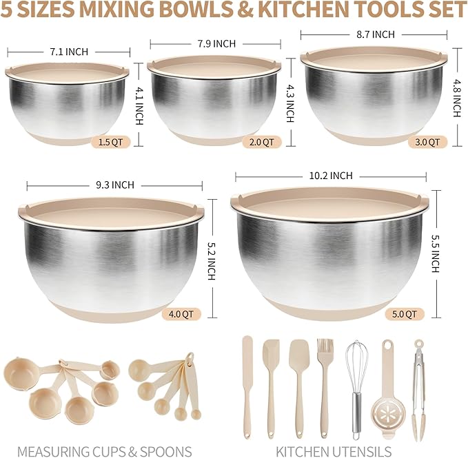 Deedro Premium Mixing Bowls with Airtight Lids Set, 22Pcs Thicker Stainless Steel Mixing Bowl Set, Large Prep Metal Bowls, Non-Slip Silicone Base Nesting Bowls for Kitchen, 1.5/2/3/4/5 QT, Khaki