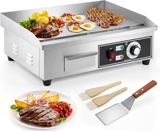 IRONWALLS Electric Griddle Nonstick 22 Inch, Stainless Steel Commercial Griddle for Indoor & Outdoor, 2-IN-1 Half Flat Top Griddle Grill for Restaurant & Home, 122℉-572℉ Adjustable Temperature