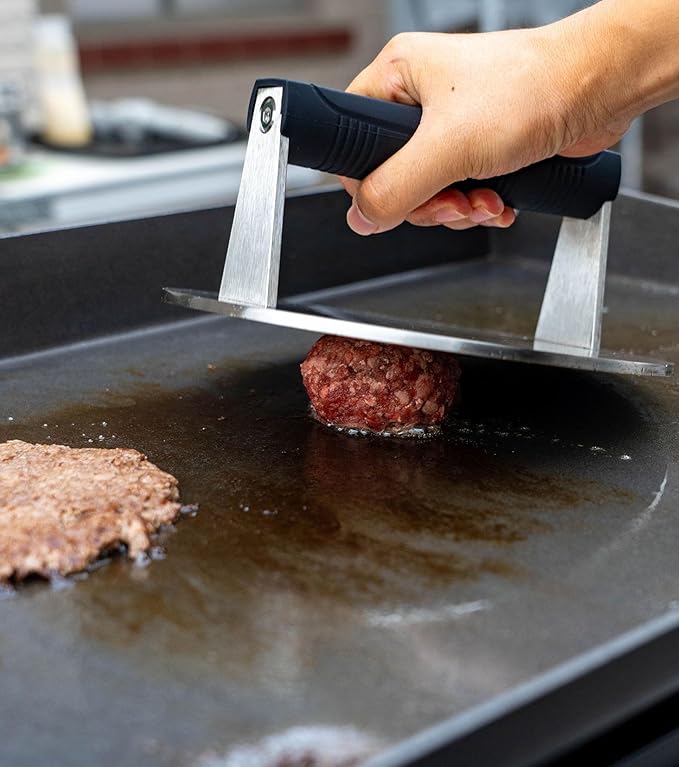 Stainless Steel Burger Smasher 3.25 LB – 8 Inch Steak Weight for Smash Burgers, Bacon, Sandwiches | Dishwasher Safe, Preheatable Protein Press with Silicone Handle | Commercial BBQ Tool