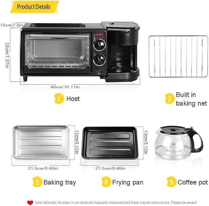 9L, 3-in-1 multifunctional home breakfast machine, mini oven, coffee machine, with timer，visible window (Black)
