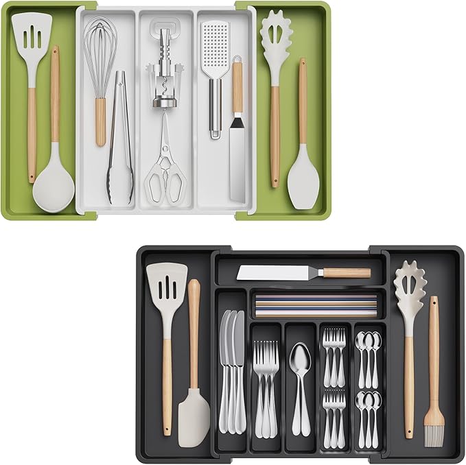 Lifewit Utensil Organizer for Kitchen Drawers, Expandable Cooking Utensil Tray, Adjustable Cutlery Silverware Flatware Holder, Plastic Spatula Tools and Gadgets Storage Divider