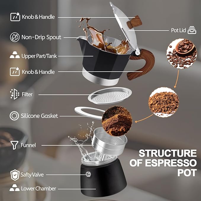 Aluminum 3 Cup 150ml Moka Pot Express Coffee Maker Stovetop Espresso Colorful Coffeemaker Italian Classic Style Brewing Greca Cafe Mocha Machine for Cafeteras Lover Camping Travel and Home Use 5oz