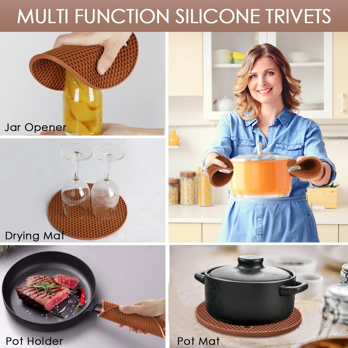 Silicone Trivets for Hot Dishs, 7 Inch & 9 Inch Heat Resistant Silicone Hot Pads Pot Holders for Kitchen Counter, Flexible Round Trivet Mats, Potholders(Coffee)