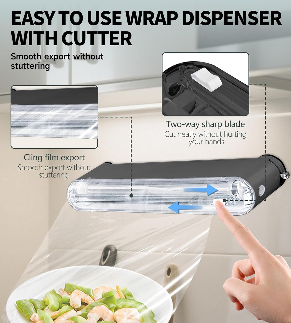 Plastic Wrap Dispenser With Cutter, Reusable Cling Film Dispenser, Cling Wrap Dispenser With Slide Cutter, Also For Aluminum Foil, Tin Foil, Baking Paper (grey)