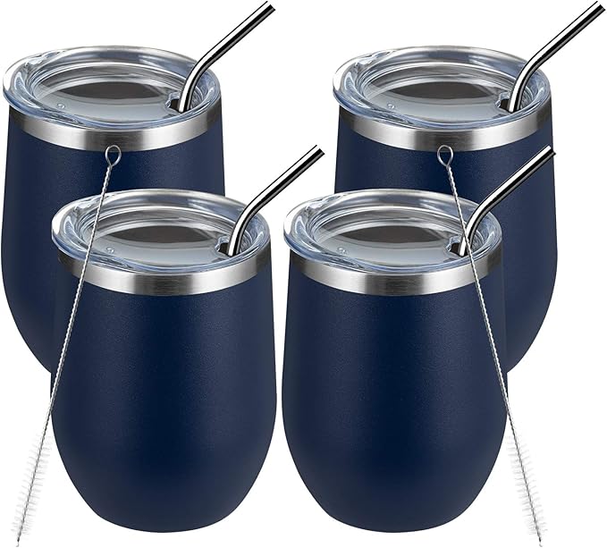 MEWAY 12oz/4 Pack Wine Tumbler Glasses with Lid - Stemless Double Wall Vacuum Stainless Steel Travel Tumbler - Keeping Cold & Hot for Wine,Coffee,Cocktails,Drinks-Family and Gifts (Navy,Set of 4)