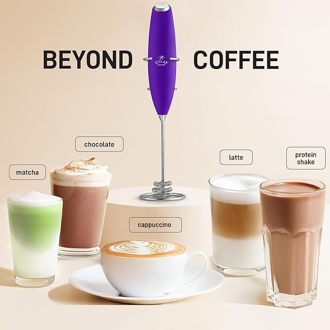 Zulay Kitchen Patented Tornado Triple Whisk Milk Frother with 4 Duracell Batteries – Handheld Foam Maker for Coffee, Lattes, Matcha & Hot Chocolate – Rich, Creamy Froth in Seconds - Purple