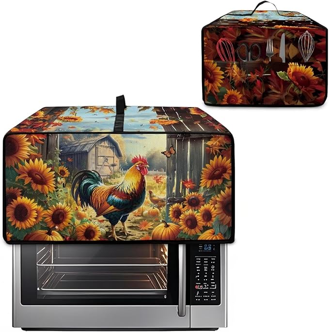 Toaster Oven Dust Cover Dustproof Smart Oven Air Fryer Microwave Cover with Pockets, Electric Appliance Protector Fall Home Decor, S, Chicken Rooster Sunflower Pumpkin Butterfly