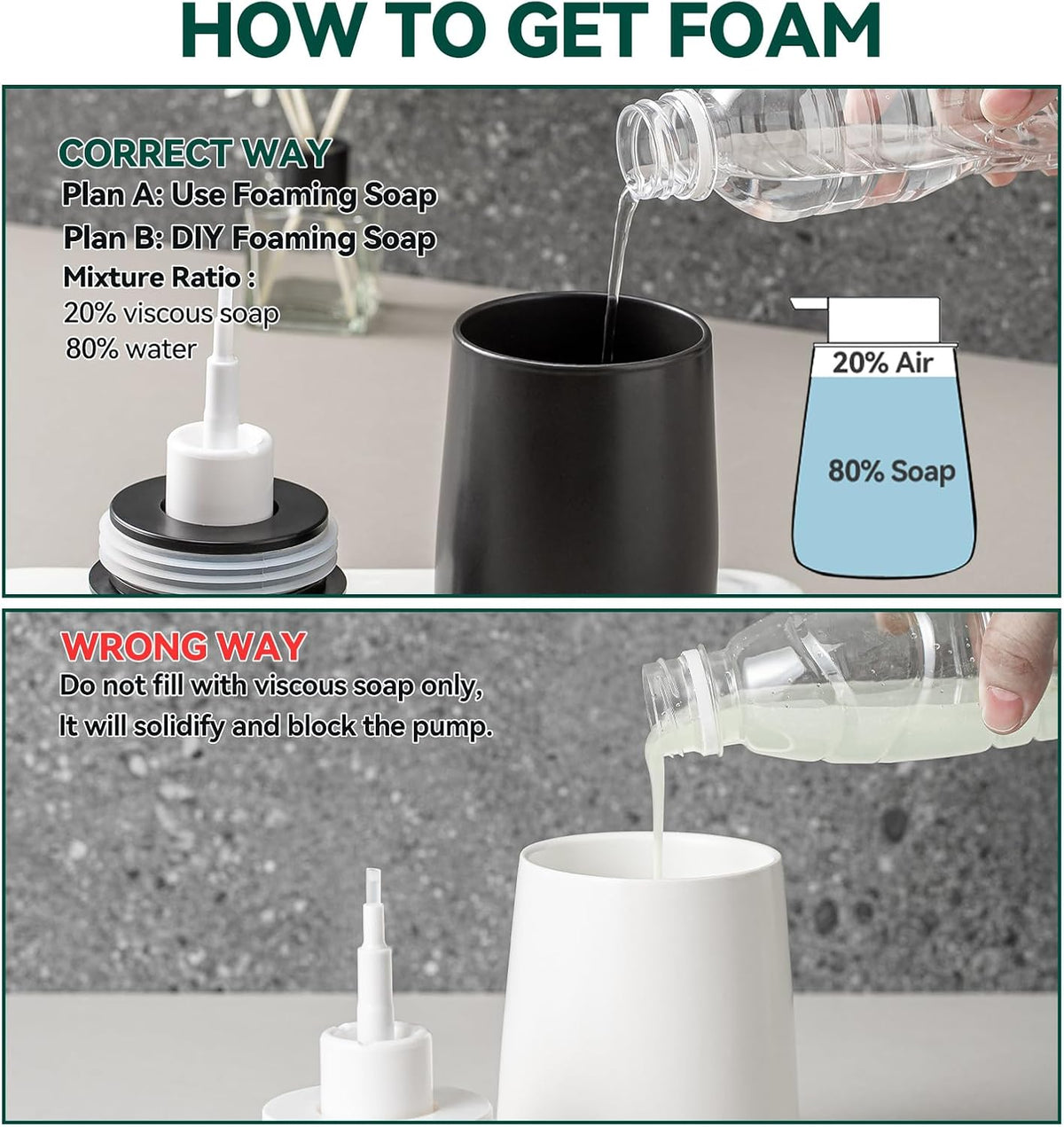 Black Foaming Soap Dispenser - Modern Ceramic Foam Hand Soap Dispenser Bathroom, 12 Oz Facial Cleanser Dispenser Bottle with Foam Pump, Refillable Wash Dish Dispenser for Kitchen