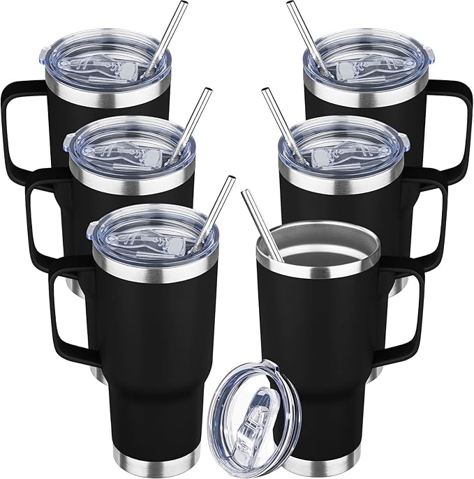 20 oz Tumbler with Handle Stainless Steel Insulated Coffee Tumbler with Lid and Straw Double Wall Vacuum Insulated Coffee Mug Leak Proof Travel Mug Tumbler for Hot and Cold Drink (Black,6pack)