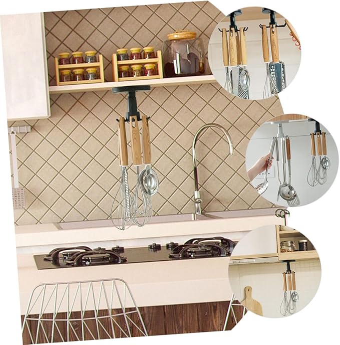 TOYANDONA 3pcs Kitchen Utensil Hooks Set with Rotating Black Hanging Organizer, Nail-Free Under Cabinet Cooking Sundries Holder for Spoon, Spatula, and Ladle Storage