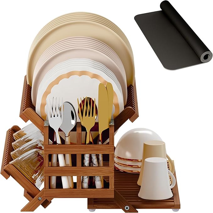 Greenual Teak Dish Drying Rack with Utensil Holder, 3 Tier Collapsible Dish Rack, Wooden Dish Racks for Kitchen Counter, Large Folding Drying Holder with Absorbent Dish Drying Mat
