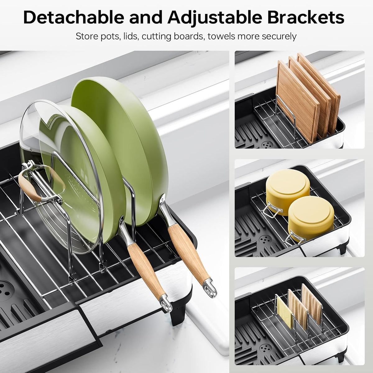 Triple Expandable Dish Drying Rack, Extra Large Dish Rack for Kitchen Counter, Stainless Steel Dish Drying Rack, Foldable Dishes Drainer, Extendable Dish Strainer with Utensil & Pans Holder, Black