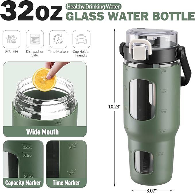 BLUEGO 32oz Glass Water Bottles with Straw Time Marker Half Gallon Large Motivational Water Bottle with Silicone Sleeve 2 Liter Large Glass Water Jug for Gym, Sports& Workout, Daily, Olive