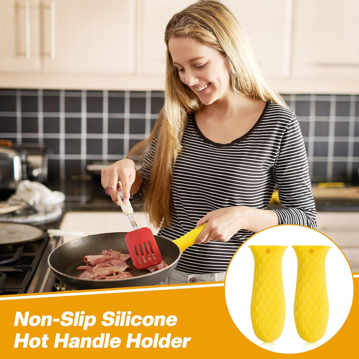 Patelai 2pcs Silicone Handle Cover for Cast Iron Skillet Kitchen Silicone Handles for Pots and Pans Non-Slip Pot Holder Sleeve for Fry Pan Griddles Metal Aluminum Cookware(Yellow)
