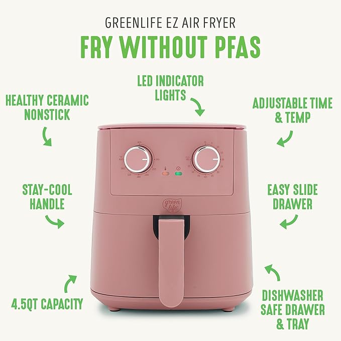GreenLife 4.5QT Air Fryer, Mechanical Dial Controls, PFAS-Free Ceramic Nonstick Drawer, Adjustable Temp & Timer, LED Indicator, Oil-Less Cooking, Dishwasher Safe, Compact Family Size, Pink