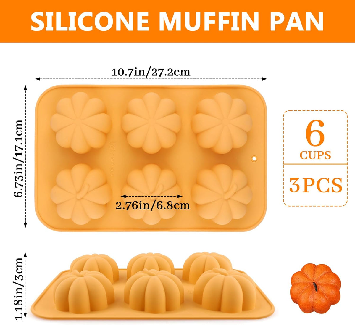 3-Pack 6-Cup Silicone Muffin Pans, Nonstick Cupcake Baking Molds, BPA/PFA-Free, Dishwasher & Oven Safe Pumpkin