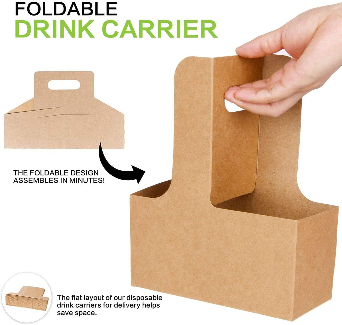 100 Pack Kraft Drink Carrier with Handles - 2 Cups or 4 Cups Assemblable Disposable Paperboard Drink Holders Great for All Your Drink and Food Delivery(2 Cup-100 Pack)