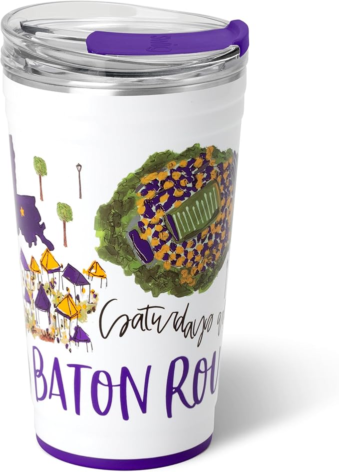 Swig Life 24oz Party Cup, Stackable Insulated Travel Coffee Tumbler with EZ Slider Lid, Cup Holder Friendly, Stainless Steel 24 oz Tumbler, Reusable Mug (Saturdays In Baton Rouge)