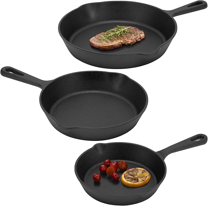 Navaris Cast Iron Skillet - 6/8/10 inch(15/20/25cm) Pre-Seasoned Frying Pan, Pour Spouts, for Oven, Stovetop, Grill & Campfire, Non-Toxic, Heavy-Duty, Even-Heating Cookware