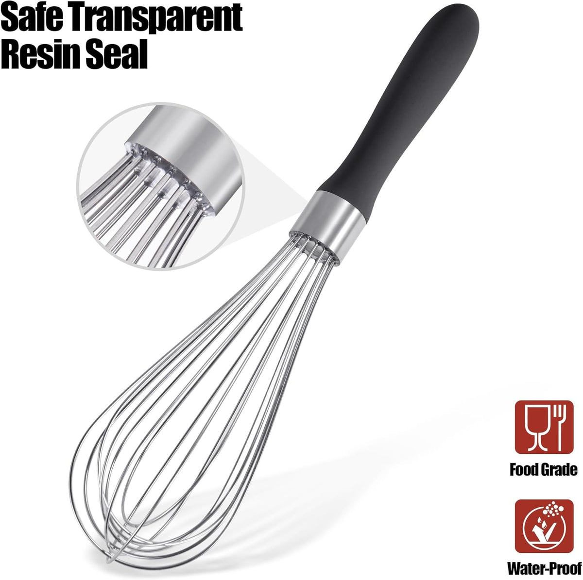 18/8 Stainless Steel Balloon Whisk, Doosu Kitchen Whisk for Cooking Handheld Egg Beater with Rust-Proof Sturdy Wires & Non-Slip Silicone Handle for Beating, Stirring, Blending (8 Wires, Black)