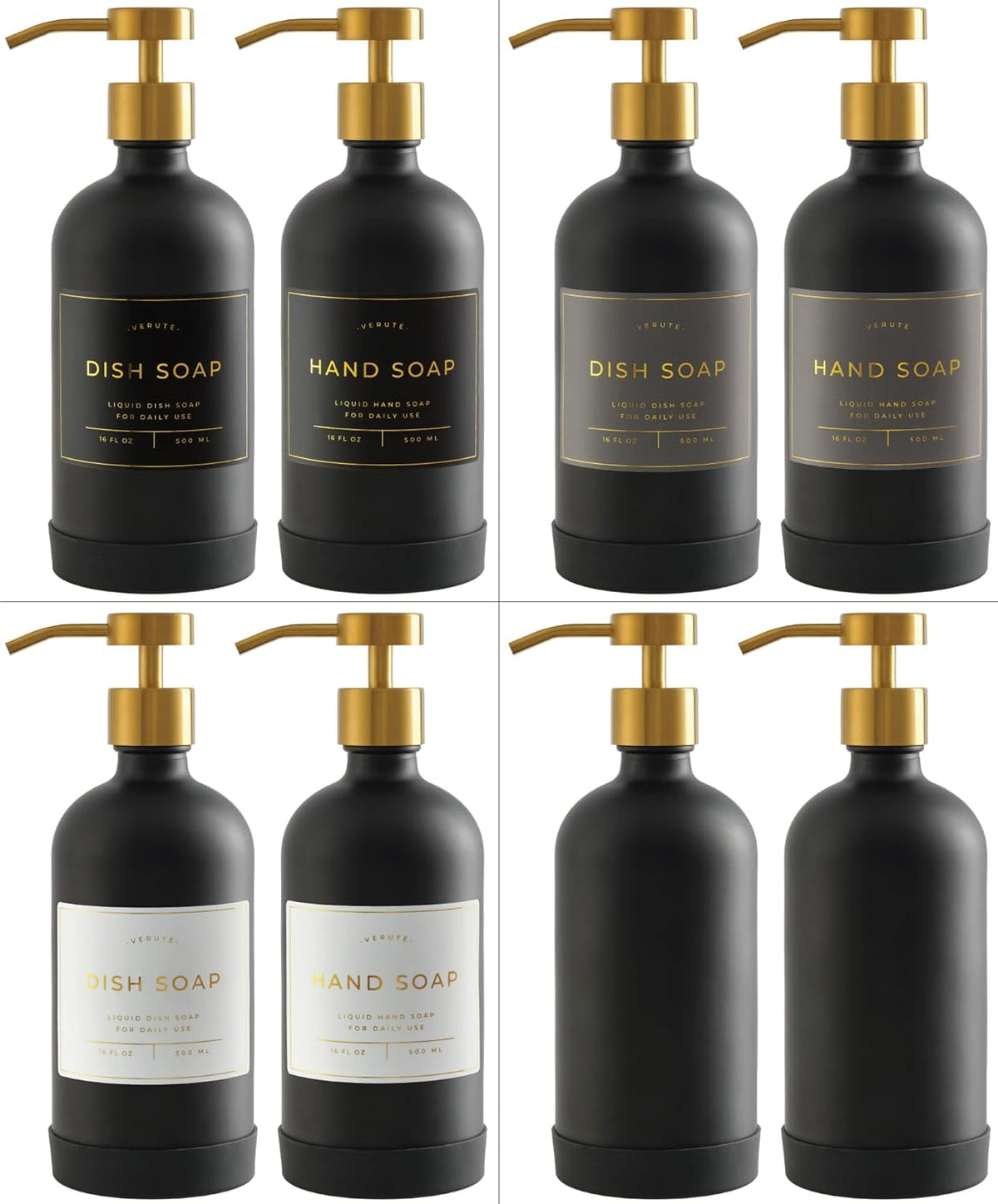16oz Glass Soap Dispenser with Stainless Steel Pump, 21 Waterproof Labels, Non-Slip Protective Silicone Pad, Set of 2 for Bathroom & Kitchen (Matte Black Bottle/Brushed Gold Pump)