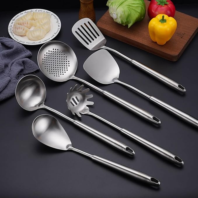 18/10 Stainless Steel Kitchen Utensils Set, 6 PCS All Metal Professional Cooking Utensils, 15" Long Kitchen Tools - Spatula, Ladle, Skimmer Spoon, Pasta Serve, Large Spoon, Slotted Spatula Tunner