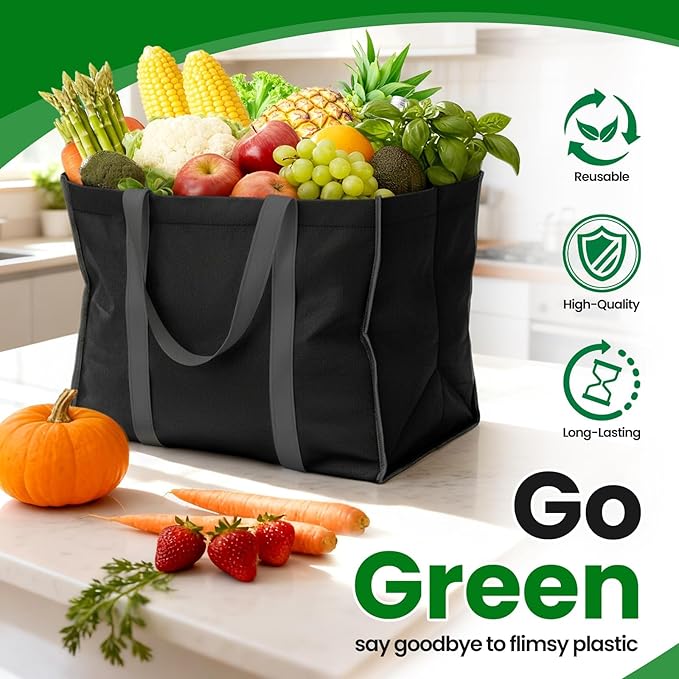 SpaceWhisper Reusable Grocery Bags with Long Handles [4 Pack] - Multipurpose Large Shopping Bags for Groceries, Foldable Grocery Totes Resist Water & Stains for Kitchen, Car Trunk, Picnic (Black)