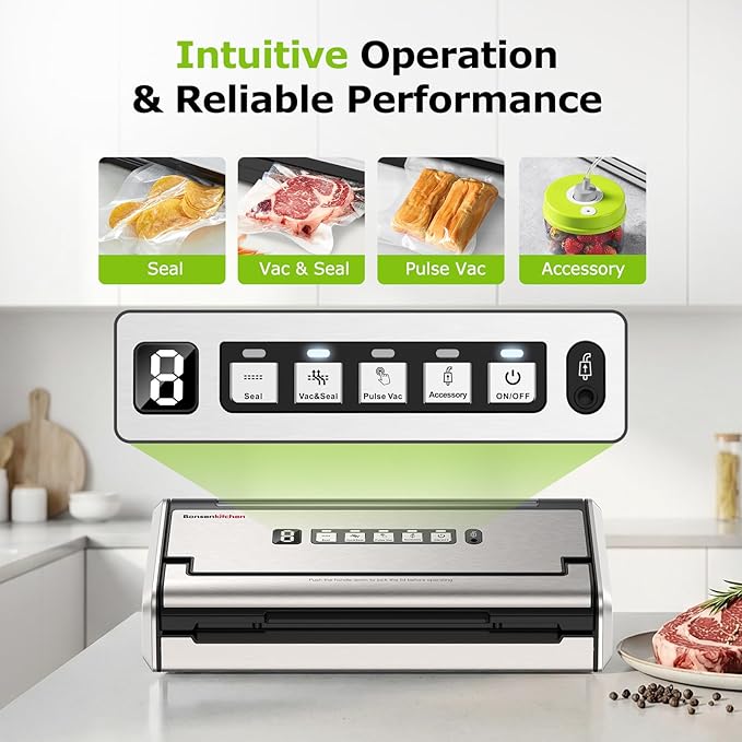Bonsenkitchen Vacuum Sealer for Food, One-Hand Operation Food Vacuum Sealer Machine with Digital Timer, 0.2-inch Wider Seal, Built-in Cutter and Bag Storage for Meal Prep, 1 Roll Bag & 10 Pre-Cut Bags