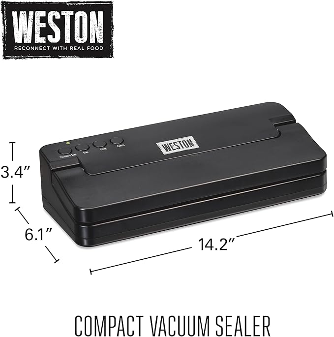 Weston Compact Food Vacuum Sealer Machine, Powerful 23” Hg Pump, For bags Up To 11” Wide, 100 Watts, Corner Guides for Easy Align, Intuitive Controls + Pulse Function, Black (65-2061-W)