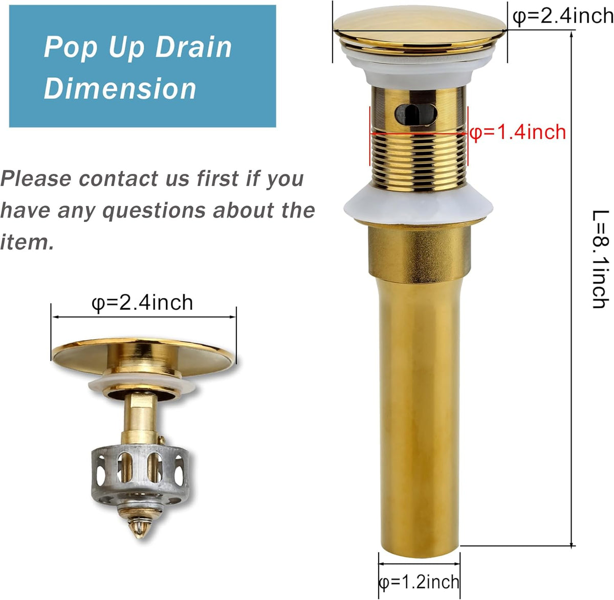 Bathroom Sink Drain, Gold Drain Stopper Bathroom Sink with Overflow,Pop Up Drain Assembly with Detachable Strainer Basket,Built-in Anti-Clogging Strainer,Stainless Steel