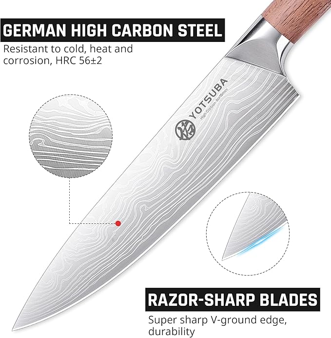 YOTSUBA 8 PCS Japanese Kitchen Knife Set with Block, Professional Ultra Sharp High Carbon Stainless Steel Chef Knives, Ergonomic Natural Rosewood Handle for Kitchen