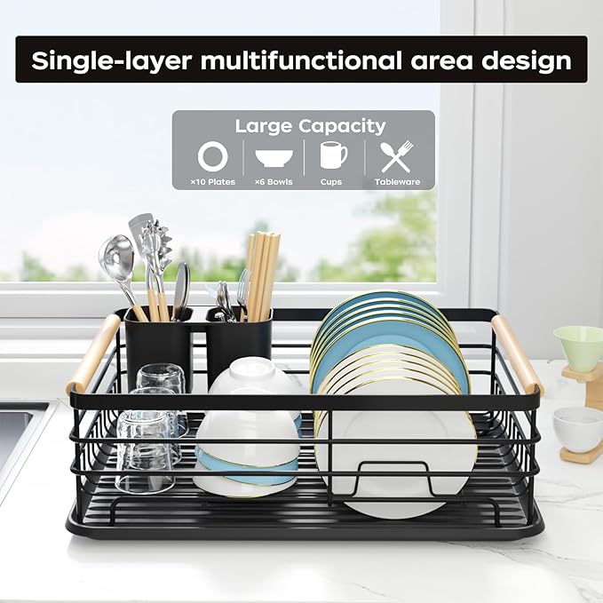 Dish Racks for Kitchen Counter: Wooden Handles, Thickened Metal, No Assembly. Small Dish Drying Rack: Ideal for Small Households. Drying Rack Kitchen: Black