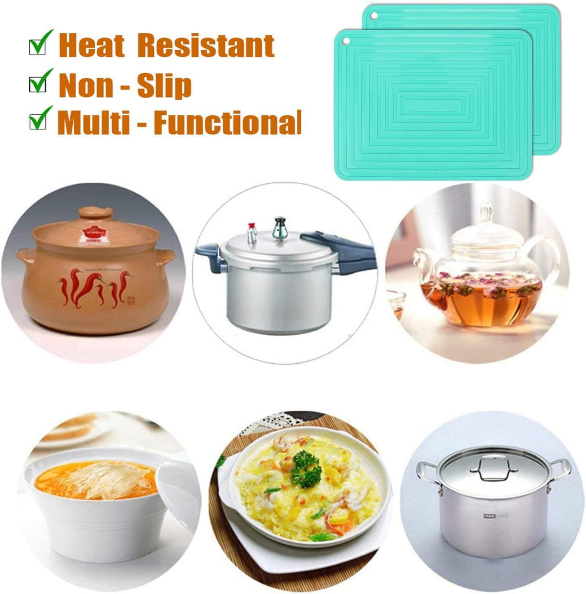 LogHog Large Silicone Trivet Mats for Hot Dishes/Pans, Heat Resistant Pot Holder, 9"x12" Non Slip Flexible Durable Pot Coaster Kitchen Table Mats Set of 2 (Teal)