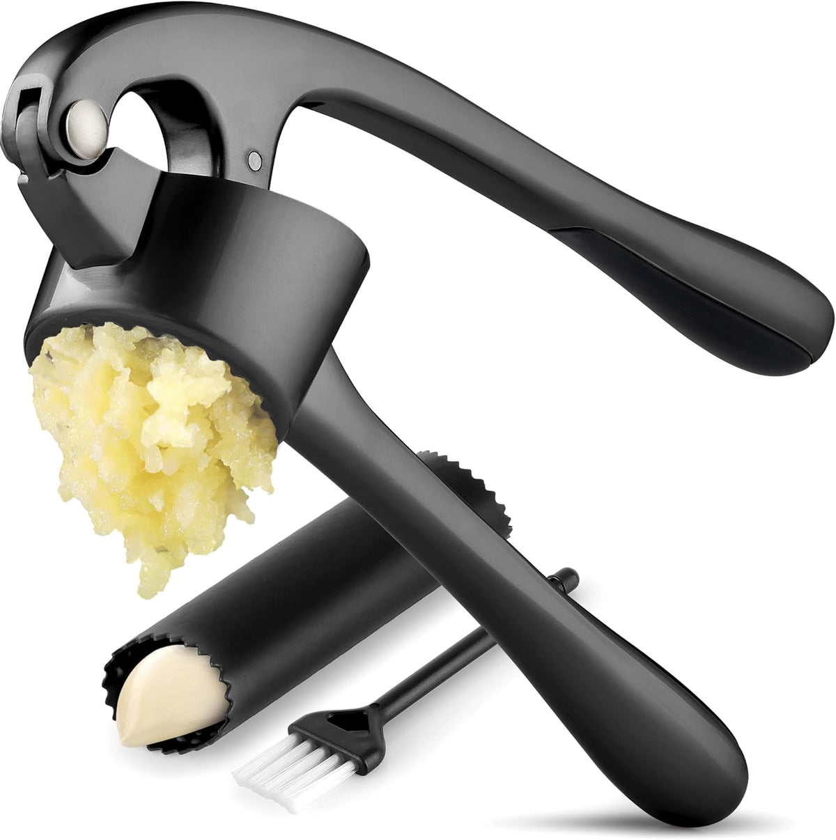 Zulay Kitchen Large Premium Garlic Press Set - Bigger Bowl for Bigger Garlic - Rust Proof & Dishwasher Safe Garlic Mincer Tool - Easy-Squeeze, Easy-Clean Silicone Garlic Peeler & Brush (Dark Gray)