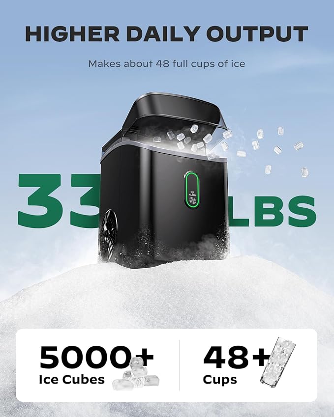 Nugget Ice Maker Countertop, Pebble Ice Maker with Soft Chewable Ice, One-Click Operation Ice Machine with Self-Cleaning, 33lbs/24H for Home,Kitchen,Office
