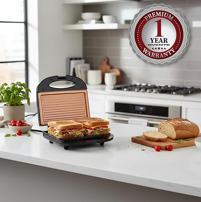 OVENTE Electric Panini Press Grill with Nonstick Plates, LED Indicator Lights, Thermostat Control, Compact Sandwich Maker Perfect for Cooking Breakfast, Steaks, Eggs Snacks & More, Copper GP0110CO