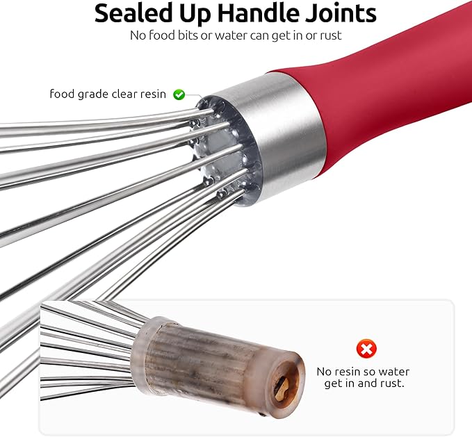 U-Taste 9" Small Egg Whisk: 18/10 Stainless Steel Kitchen Cooking Wire Balloon Wisk, Heavy Duty Metal Beater Stirrer, Manual Baking Tool with 6 Flex Wires for Hand Mixing, Blending Sauce (Red)