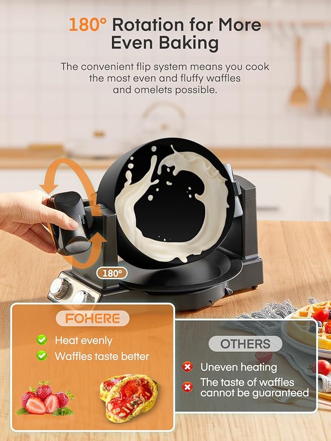 FOHERE 2-in-1 Omelette Maker&Waffle Maker, 1400W Omelet Maker 180° Flip, Adjustable Browning Control, Non-Removable & Nonstick Pans, Make Two Omelet and One Waffle at Once for Home (Dark Black)