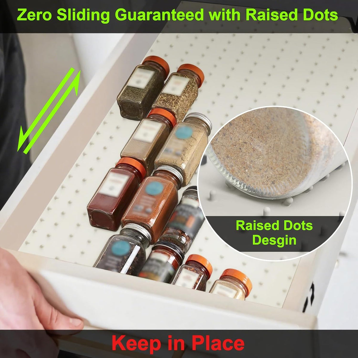 Gosmol Spice Drawer Organizer insert, Adjustable & Non-Slip Silicone Spice Drawer Liner, in Drawer Spice Organizer for Seasoning Jars and Spices Bottles Spice Rack -Pearl