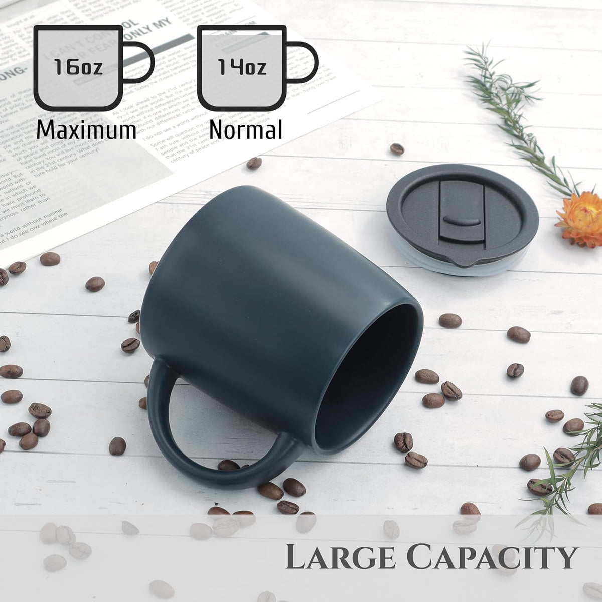 Classic Mug, 14 oz Large Coffee Mug with Handle, Ceramic Porcelain Tea Cup, Smooth Matte (Sliding Lid, Set of 2, Red and Navy Blue)