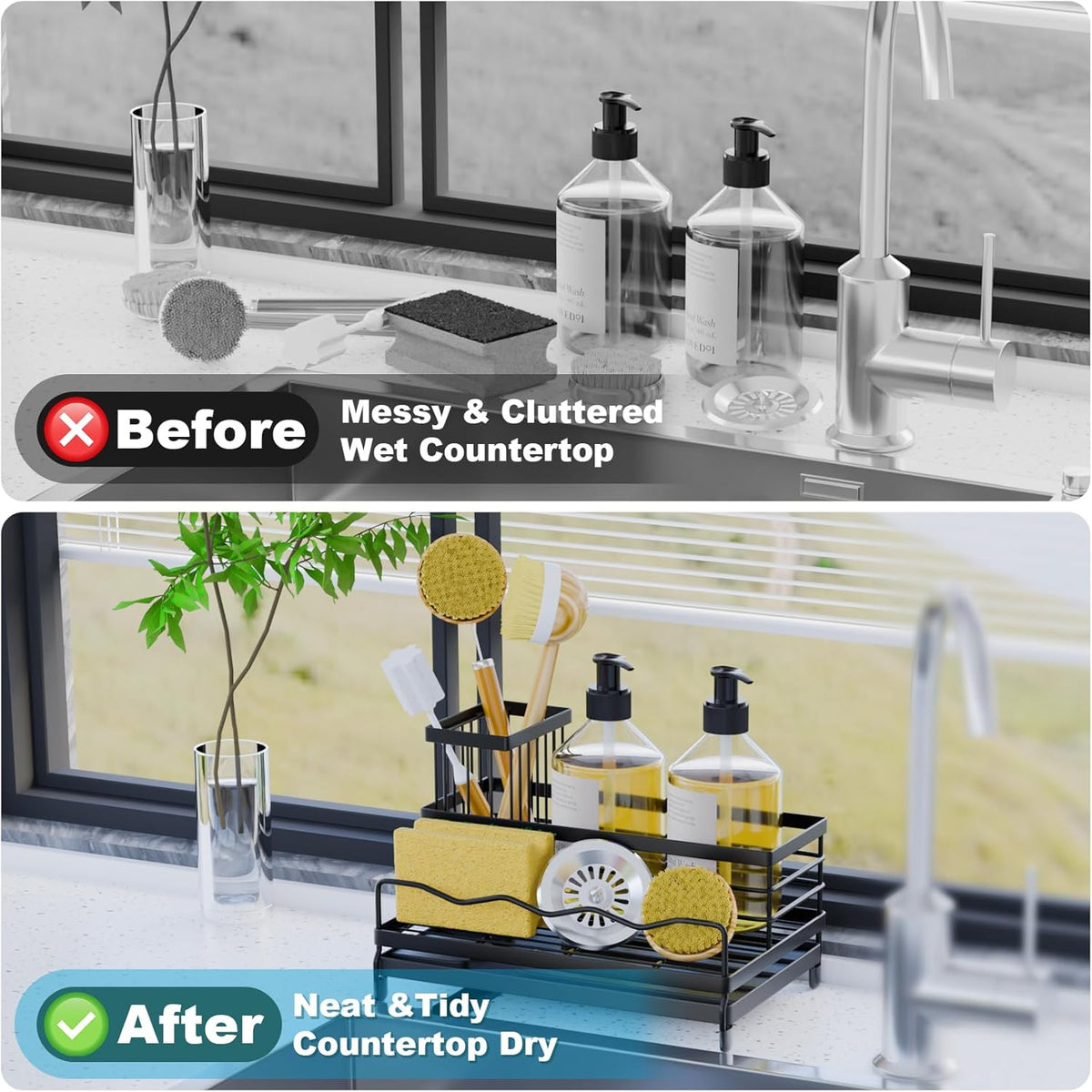 Large Sponge Holder for Kitchen, Kitchen Sink Caddy with High Brush Holder & Quick Drain Tray, 360° Swivel Spout, Stainless SteelSoap Dispenser Countertop Organizer for Sponges, Brushes & Soap