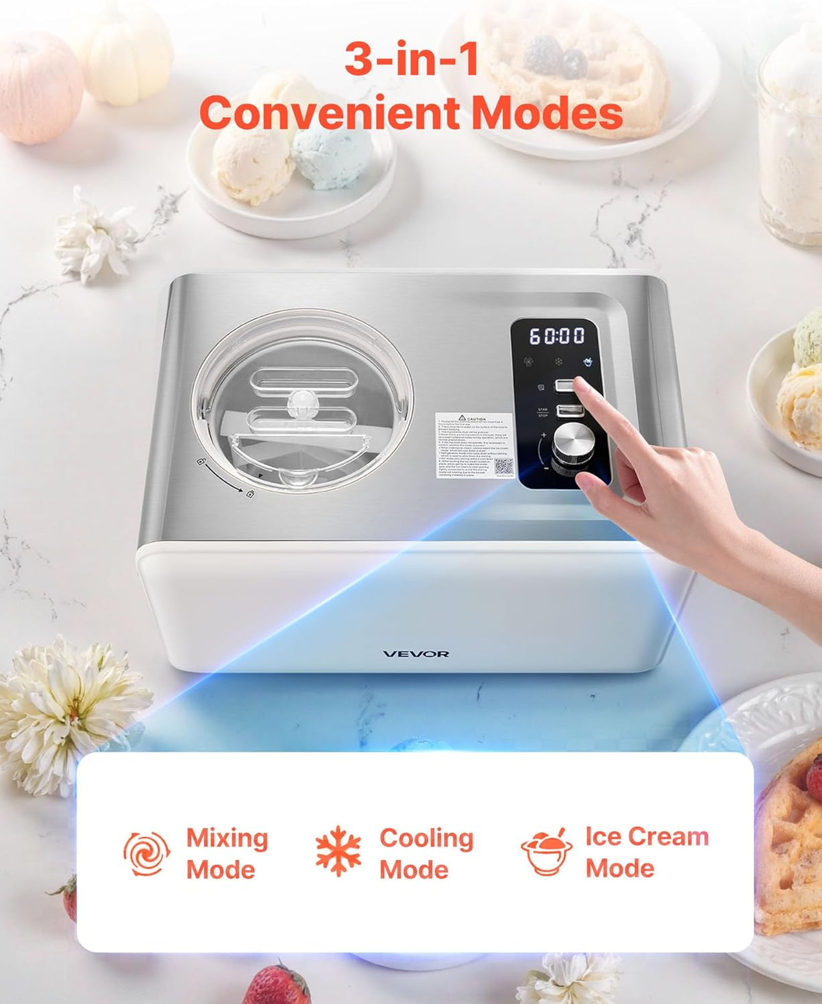 VEVOR Automatic Ice Cream Maker with Built-in Compressor, 2 Quart No Pre-freezing Gelato Maker, Stainless Steel Electric Sorbet-Maker, 3 Modes Compressor Ice Cream Machine for Home Kitchen
